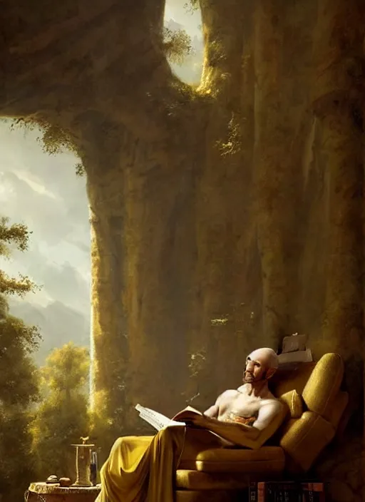 Prompt: a beautiful scene from a 2 0 2 2 fantasy film featuring a humanoid pine marten with golden eyes wearing a loose white tunic reading on a couch. joseph ducreux, greg rutkowski.