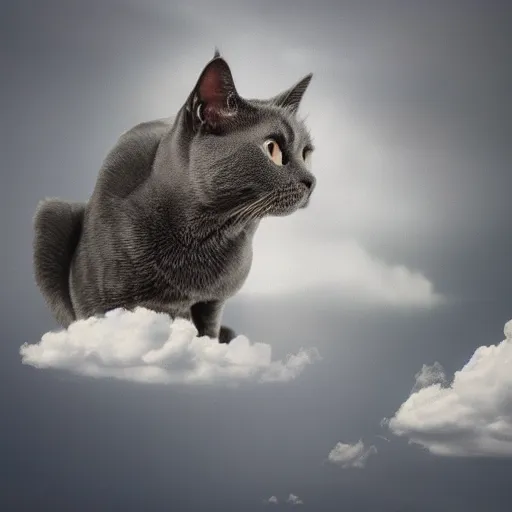 Image similar to a dark grey cat on a cloud floating in the sky, photography photorealistic