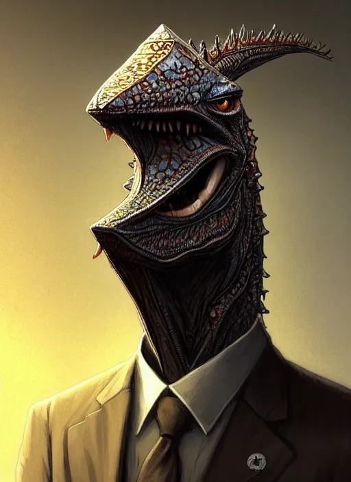 Image similar to anthropomorphic triangle head in edgy darkiron mr. bean, intricate, elegant, highly detailed animal monster, digital painting, artstation, concept art, smooth, sharp focus, illustration, art by artgerm, wayne barlowe, trending on artstation and greg rutkowski and alphonse mucha, 8 k