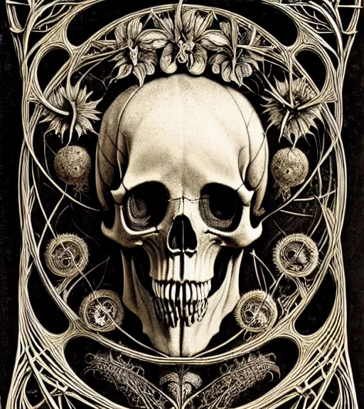 Image similar to art forms of nature by ernst haeckel, memento mori by arthur rackham, ornate antique porcelain beautiful skull mask, ultrasharp, photorealistic, hyperdetailed, octane render, polished, art nouveau, neo - gothic, gothic, intricate ornamental organic filigree, art nouveau botanicals, art forms of nature by ernst haeckel, horizontal symmetry, symbolist, visionary