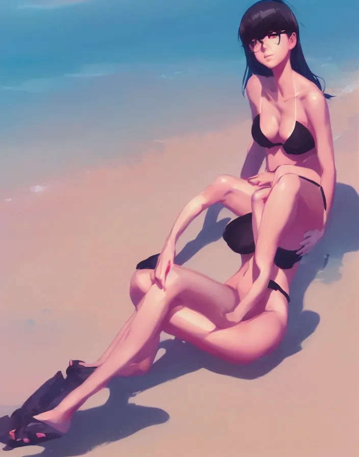 Image similar to a woman sitting on the beach, black bikini, matte, art by ilya kuvshinov and kyoto animation and ruan jia and ross tran, studio quality, aniplex,