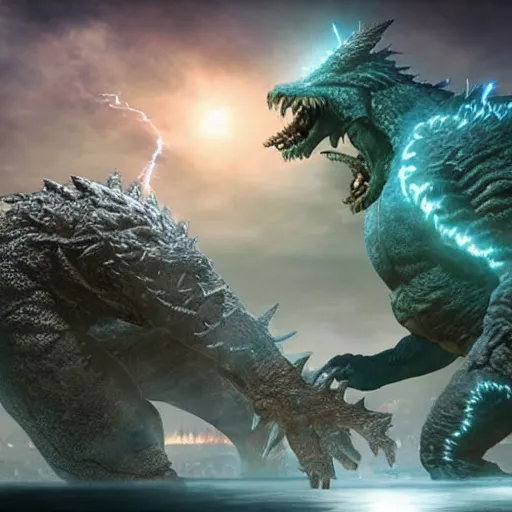Image similar to an epic battle between two huge kaiju monsters