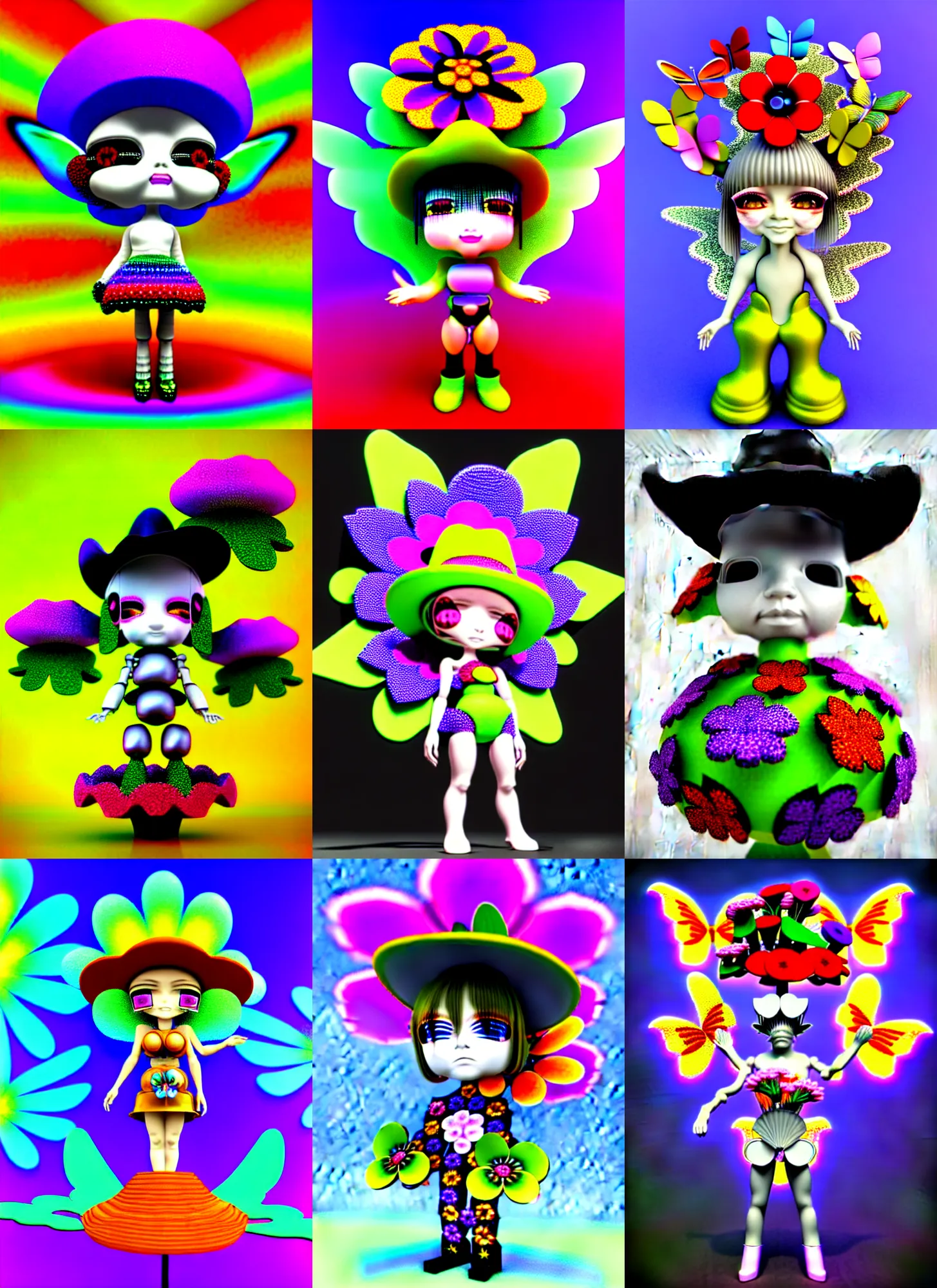 Prompt: 3 d silicon graphics render of chibi cyborg flower bouquet by ichiro tanida wearing a big cowboy hat and wearing angel wings against a psychedelic acid background with 3 d butterflies and 3 d flowers in the style of early three dimensional computer graphics 3 d rendered y 2 k aesthetic