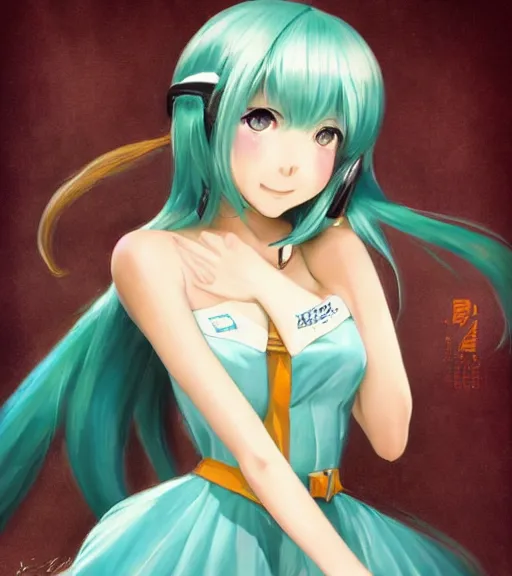 Prompt: Anime art very beautiful Hatsune miku by Gil Elvgren, Vladimir Volegov, Earl Moran, Enoch Bolles, symmetrical shoulders, long hair, smiling, cute anime face