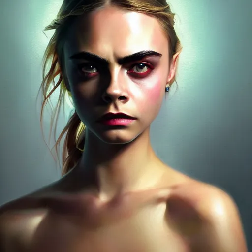 Image similar to cara delevingne, colorful oil painting by greg rutkowski, charlie bowater, yuumei, yanjun cheng, unreal 5, daz, hyperrealistic, octane render, rpg portrait, dynamic lighting, fantasy art, beautiful face