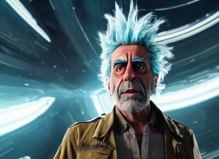 Image similar to film still of rick sanchez in the new scifi movie, 4 k, highly intricate, hyper realistic