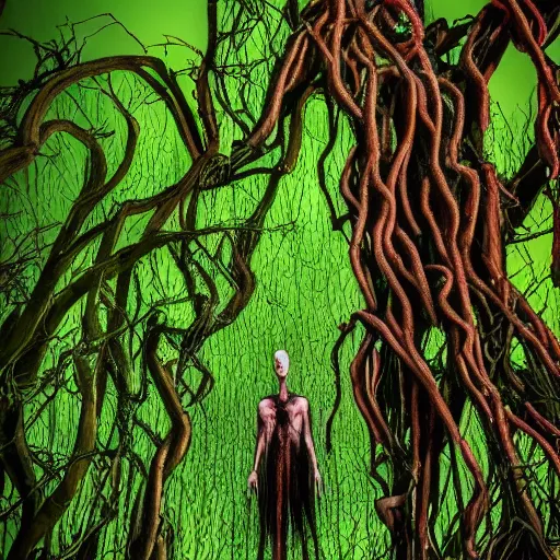 Prompt: Tall creepy surrounded by gigantic tall dark scary thorny plant vines