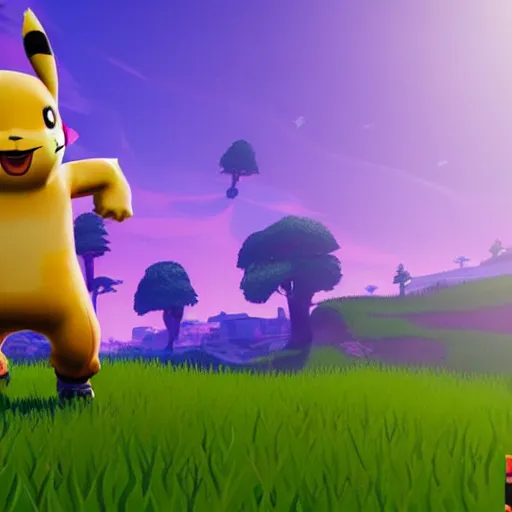 Prompt: screen shot from fortnite pikachu in fornite holding shotgun ray tracing 3 d cgsociety dramatic lighting