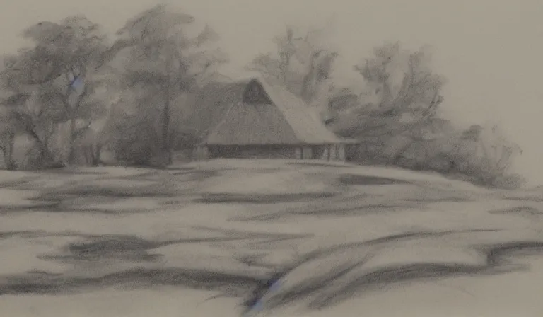 Prompt: A serene landscape with a singular building in the style of charcoal sketch on craft paper