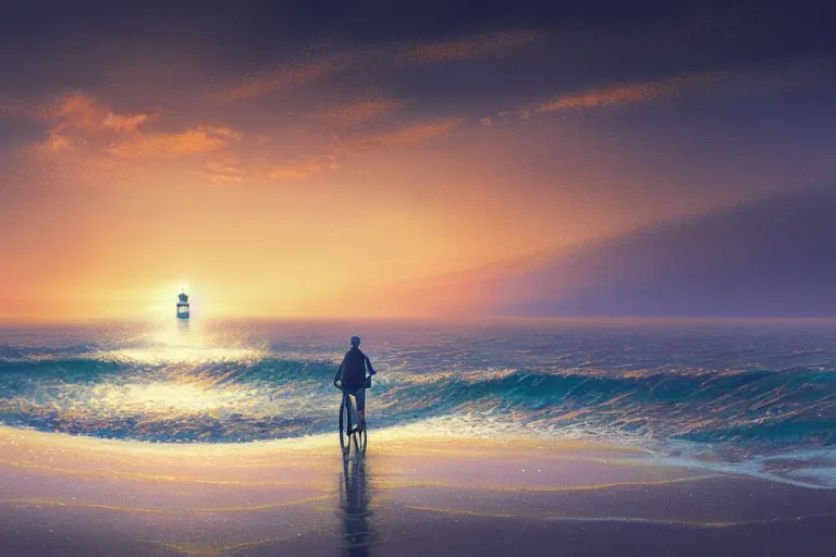 Image similar to photo of man riding a bicycle along the beach, glowing underwater toward a lighthouse in the distance, silhouette, wide horizon, large white clouds, night, intricate, elegant, highly detailed, digital painting, artstation, concept art, smooth, sharp focus, illustration, art by artgerm and greg rutkowski and fra angelico