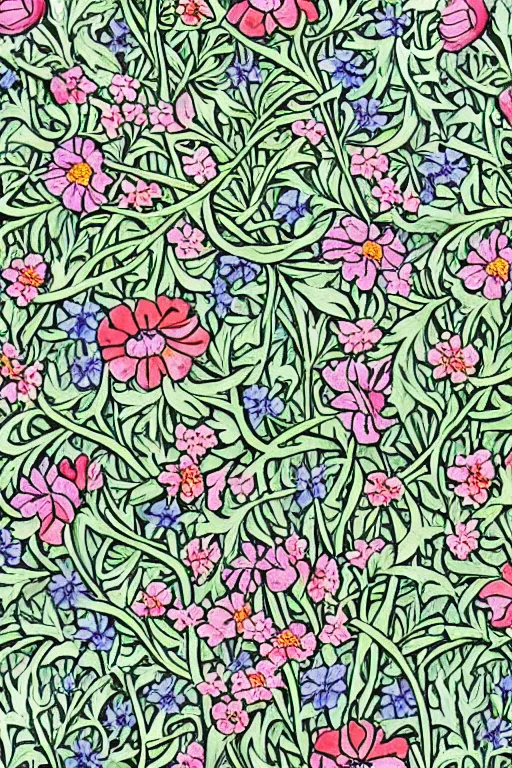 Image similar to spring flowers, happy and beautiful, by jacdraws and william morris