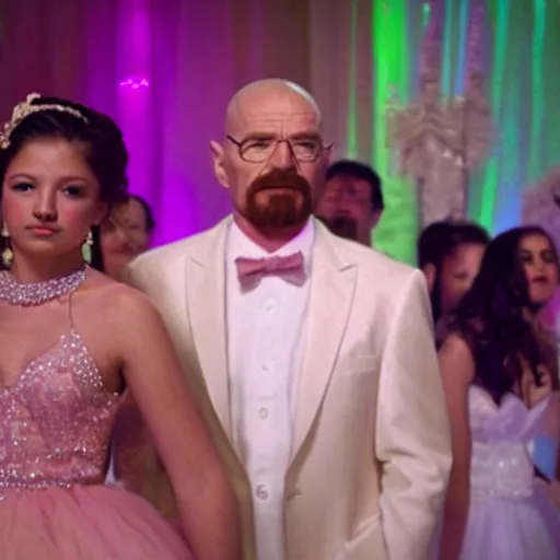 Image similar to Walter White at his quinceanera, cinematic shot, film still, wide shot