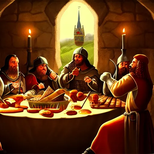 Image similar to medieval feast with drinking, artstation, fantasy