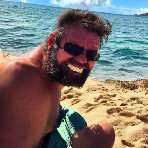 Prompt: Sasquatch chilling in Hawaii after winning the fight and is sitting in a layback chair on the sand his wrinkled face smiling faded in the sky