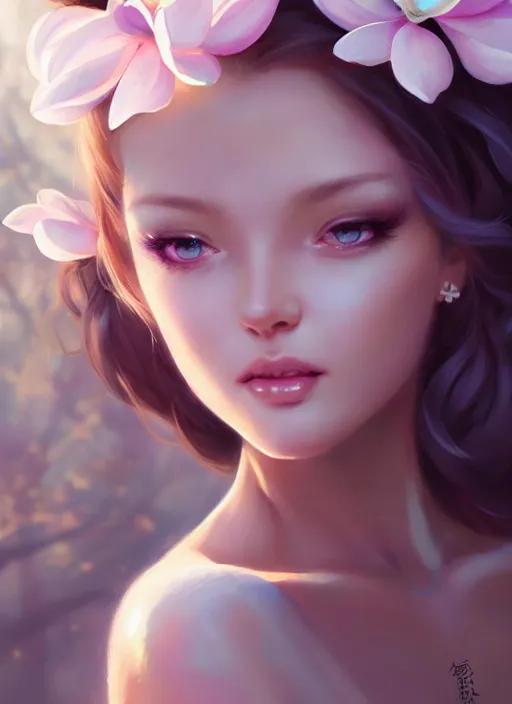 Prompt: character concept art of a goddess of magnolias as angelic young female | | seductive - fine - face, pretty face, key visual, realistic shaded perfect face, fine details by stanley artgerm lau, wlop, rossdraws, james jean, andrei riabovitchev, marc simonetti, and sakimichan, trending on artstation
