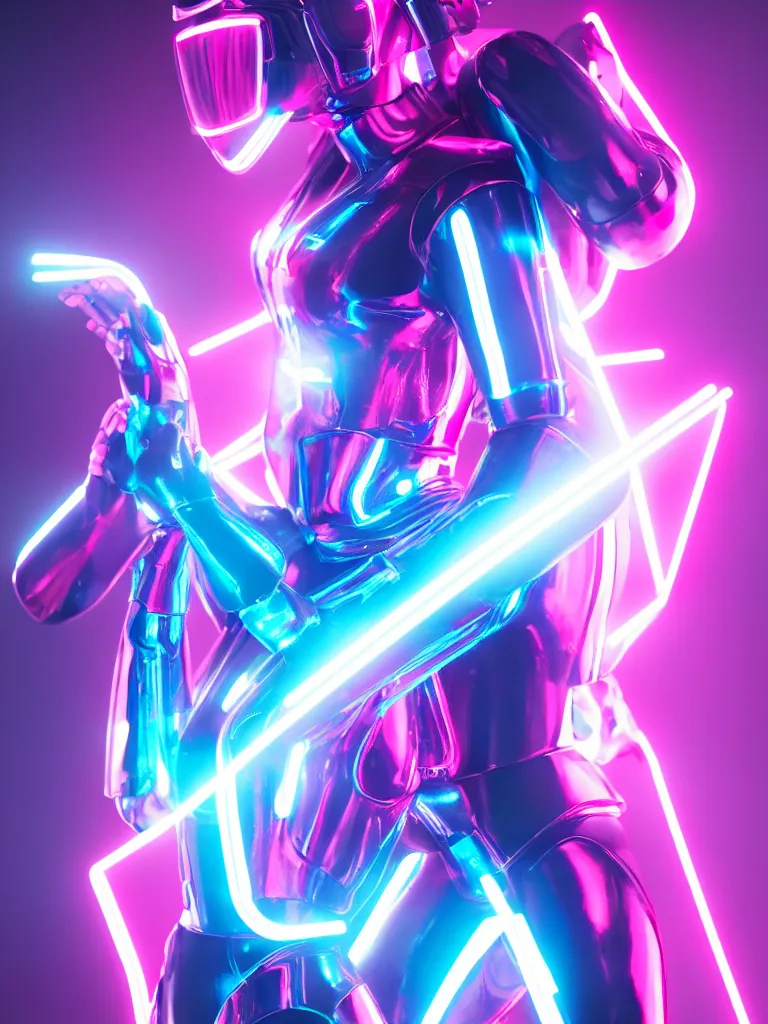 Image similar to cinematic, portrait photography, a beautiful beyonce android, perfect body, blue chrome armor, neon holographic ui data displays, pink space gun, hajime sorayama, masamune shirow, tron, octane rendered, 4 k, lens flare,