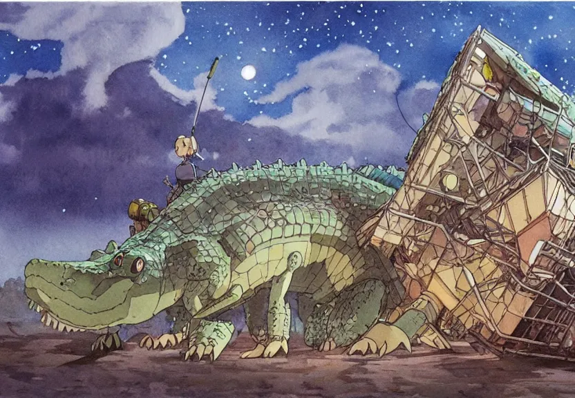 Image similar to a hyperrealist watercolor concept art from a studio ghibli film showing a giant beige mechanized crocodile from howl's moving castle ( 2 0 0 4 ). a pyramid is under construction in the background, in the rainforest on a misty and starry night. by studio ghibli