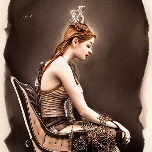 Image similar to hyper realistic full body pencil drawing of a woman steampunk sitting on a chair, water color, detailed, rim light, diffused, intricate, by anna dittmann,