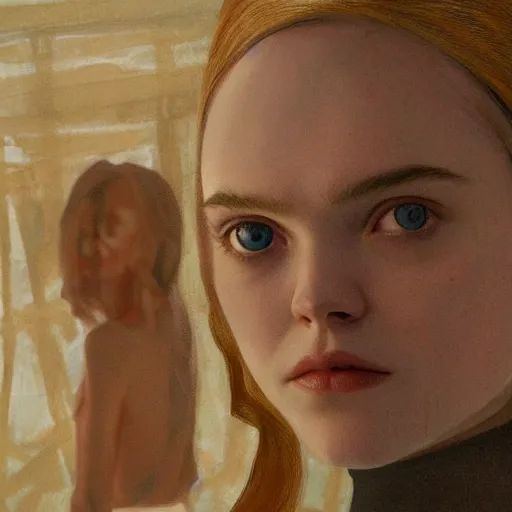 Prompt: Elle Fanning in the painted world of Ex Machina, head and shoulders masterpiece, apocalypse, golden hour, cosmic horror, artstation, in the style of Andrew Wyeth and Edward Hopper and Bosch, extremely detailed