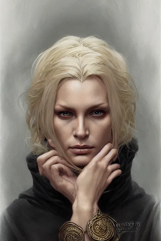 Image similar to portrait of an old blonde elven mage, dark, piercing eyes, gentle expression, elegant clothing, photorealistic, highly detailed, artstation, smooth, sharp focus, art by michael whelan, artgerm, greg rutkowski and alphonse mucha