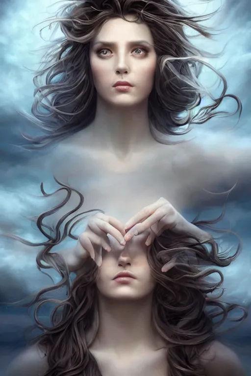 Image similar to a celestial goddess casts a fire magical spell, windy floating hair!!, moody muted tones, surrealistic, seductive beauty! cinematic volumetric lights, full portrait, dnd, fantasy, intricate, elegant, highly detailed, digital painting, artstation, concept art, smooth, sharp focus, illustration, art by artgerm and tom bagshaw and greg rutkowski and alphonse mucha