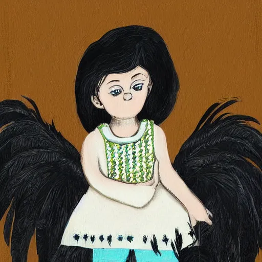 Image similar to little girl wearing an dress made of black feathers, art by ilya kushinov