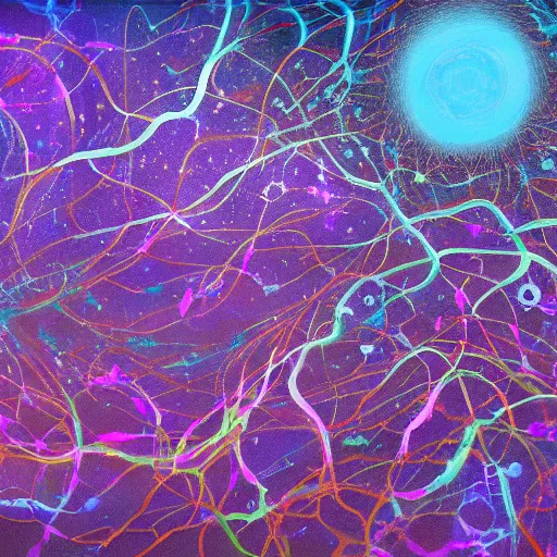 Image similar to a beautiful painting of a mycelium like neural networks under plowed land, magic cosmic vibes, trending on artstation