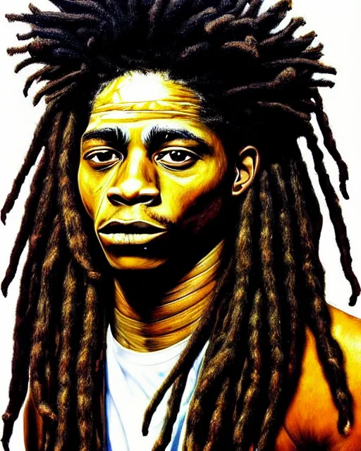 Image similar to A extremely ultra highly detailed majestic hi-res beautiful immaculate head and shoulders award winning painting stunning masterpiece of the face of a strong black african man with dreadlocks by Jean-Michel Basquiat, 8k, high textures, ultra hyper sharp, insanely detailed and intricate, super detailed, 8k HDR ultra high quality