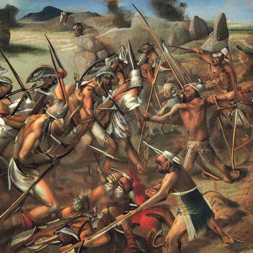 Image similar to war of natives with spears and rocks