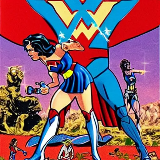 Prompt: video game box art of a commodore 6 4 game called wonder woman vs supergirl, highly detailed cover art.