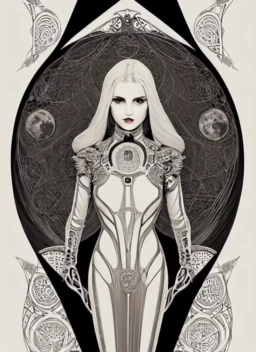 Image similar to symmetrical centered portrait, dark witch in front of the full big moon, blonde hair, intricate metal armour, Art Nouveau, beautiful retro Fantasy heroine 1985, intricate, elegant, highly detailed, centered, digital painting, trending on artstation, concept art, smooth, sharp focus, illustration, art by raphael lacoste, eddie mendoza, Mucha, alex ross, WLOP