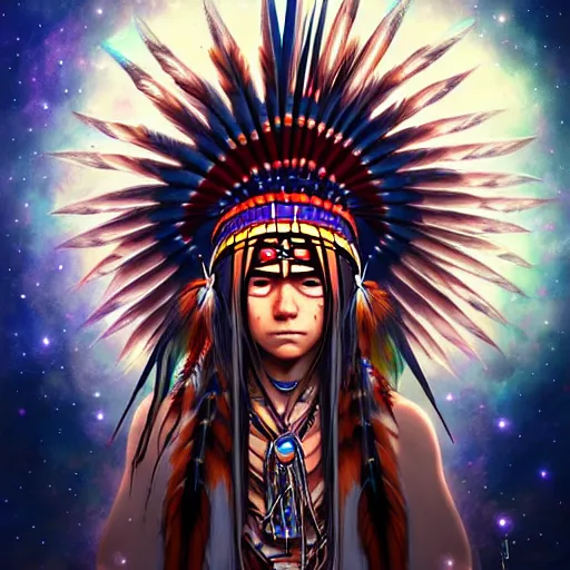 Prompt: : native american shamen fantasy, fantasy magic, anime native, anime, cosmos, cosmic, intricate, sharp focus, illustration, highly detailed, digital painting, concept art, matte, jahbu art and paul lewin masterpiece