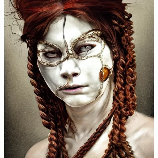 Image similar to portrait of a Shibari rope wrapped face and neck, headshot, insanely nice professional hair style, dramatic hair color, digital painting, of a old 15th century, old cyborg merchant, amber jewels, baroque, ornate clothing, scifi, realistic, hyperdetailed, chiaroscuro, concept art, art by Franz Hals and Jon Foster and Ayami Kojima and Amano and Karol Bak,