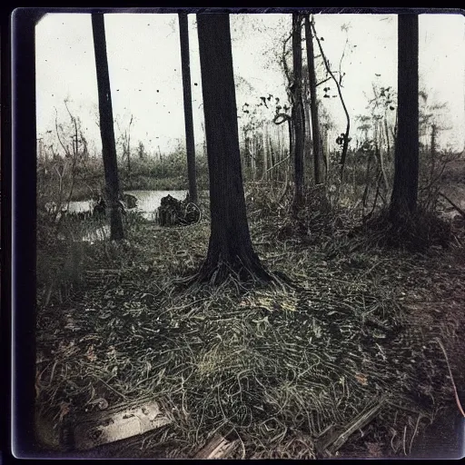 Image similar to occult sacrifice site in the Louisana swamp, detailed, dark, scary, real Polaroid photo