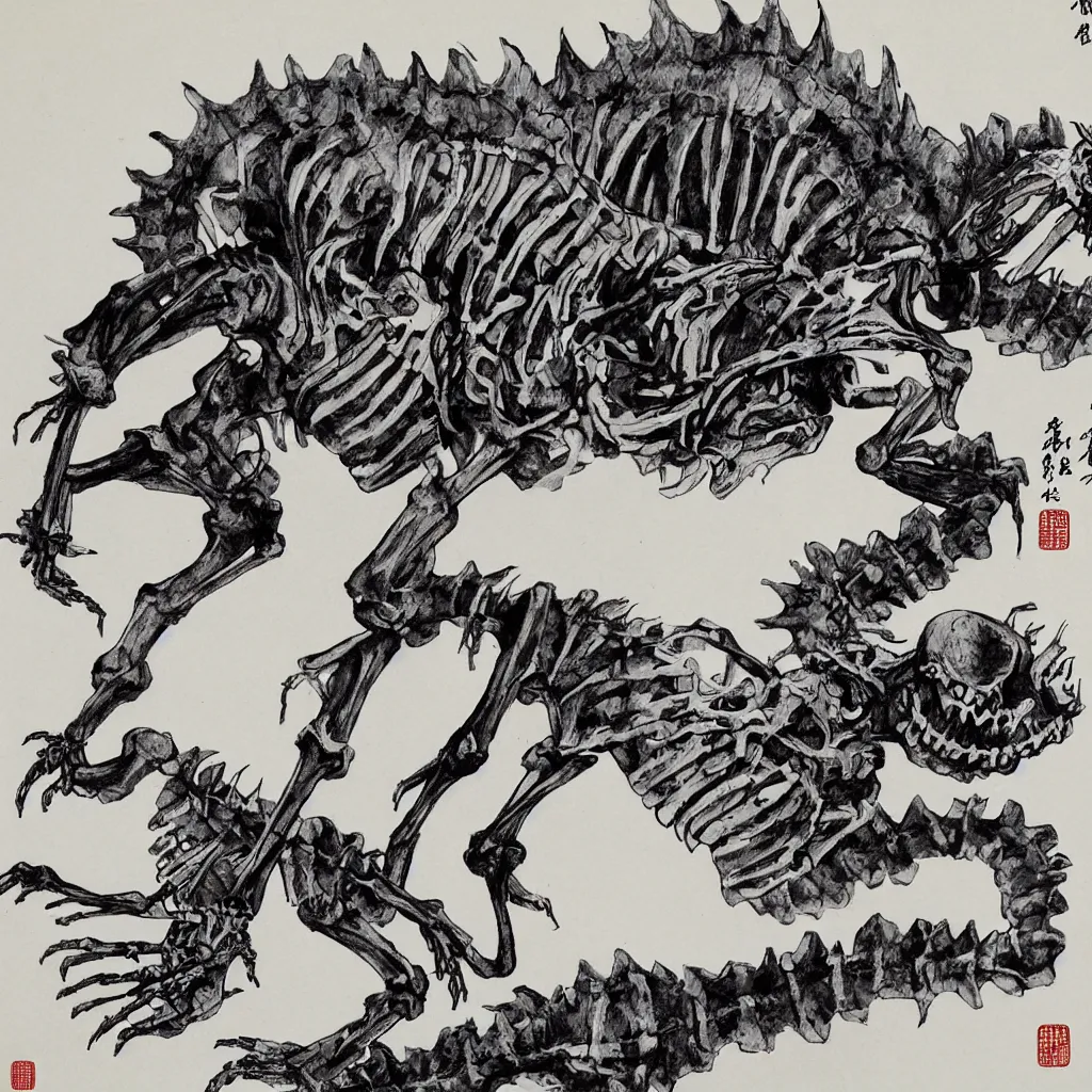 Prompt: chinese ink painting of a skeleton monster