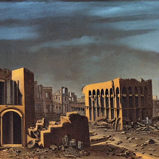 Image similar to the ruins of an old overgrown city at the end of times painting by de chirico