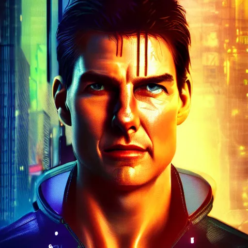 Prompt: tom cruise portrait, Cyberpunk 2077, cyberpsycho, photorealistic, ultra detailed, neon, octane, bokeh, cyber, cyberpunk city, feature, scars, cyberface, 8k