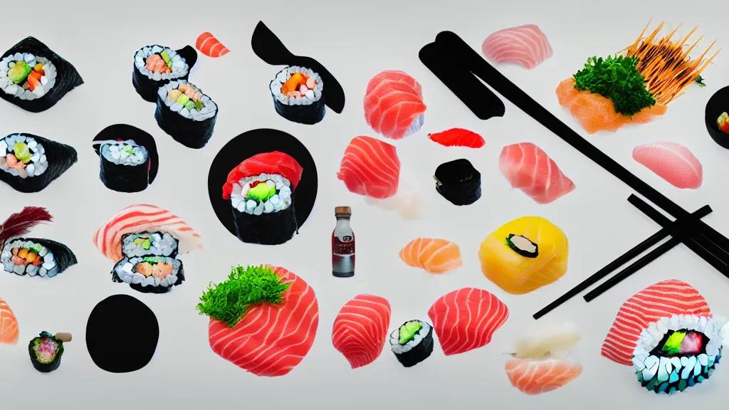 Image similar to a selection of single sushi platters, several items in an array, japan, a collage painting, in the style of wes anderson, lola dupre, david hockney, isolated on negative white space background dark monochrome neon spraypaint accents volumetric octane render