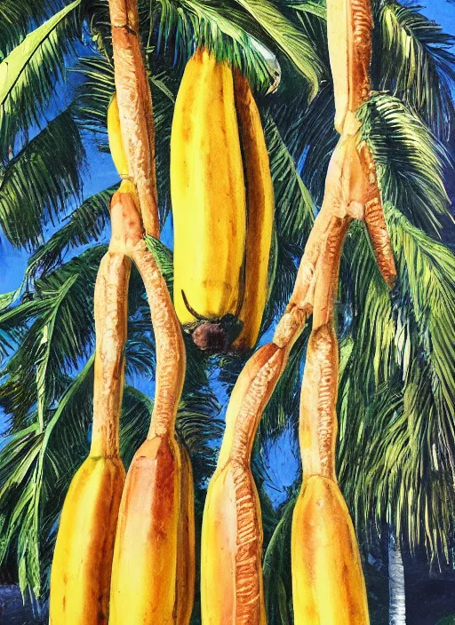 Image similar to bananas look like baguettes on a palm tree, intricately detailed acrylic painting