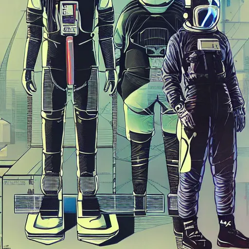 Image similar to cyberpunk japanese man with long limbs and a black spacesuit on a spacewalk, techwear, Industrial Scifi, detailed illustration, character portrait, by Martin Grip and Moebius