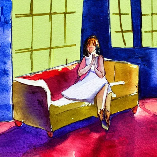 Image similar to watercolor painting of a female body sitting on a sofa, infront of window light.