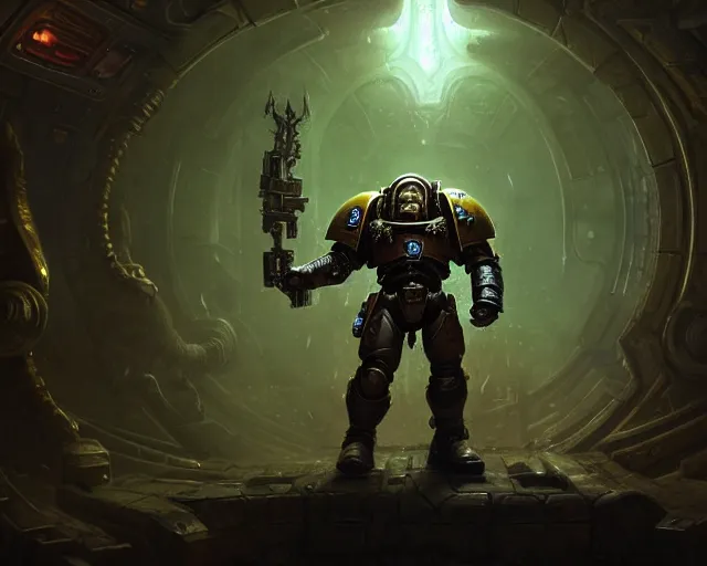 Image similar to 4 k cinematic still portrait of a space marine in a dark liminal space room, nurgle, deep focus, d & d, fantasy, intricate, repulsive, highly detailed, digital art, art station, concept art, matte, sharp focus, illustration, dark fantasy art, hearthstone, art by artgerm and greg rutkowski and alphonse mucha