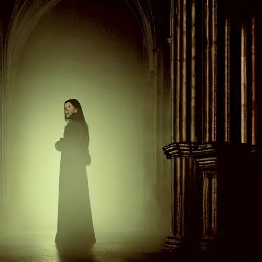 Image similar to jennifer connelly as a vampire in a gothic cathedral at night, gloomy, cinematic, ground mist, volumetric light.