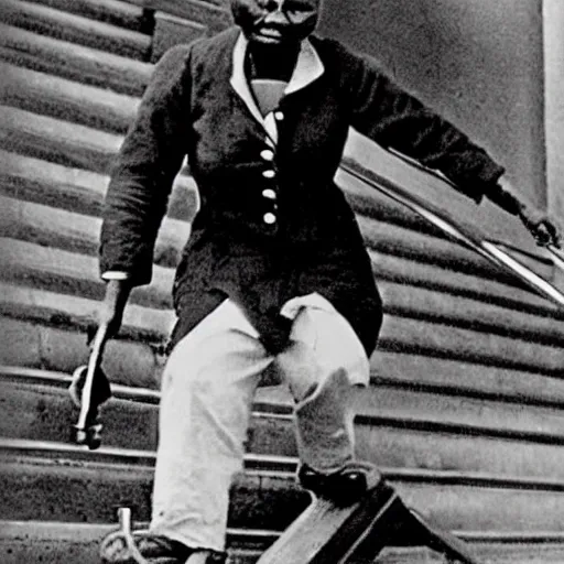 Prompt: Historical photograph of Harriet Tubman doing a kickflip over some stairs