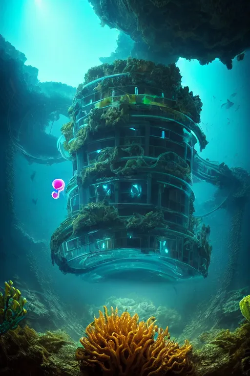 Prompt: high quality photo of cinematic underwater dystopian cyber - rococo city ruins with giant bioluminescent colorful mutant plants and cyborg jellyfish, digital art masterpiece, aykut aydogdu eric zener, dramatic volumetric light, extreme long shot, ground angle uhd 8 k, sharp focus