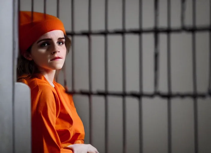 Prompt: photo of emma watson sitting in a jail cell wearing an orange jumpsuit and a red hat, defocused bars in the foreground, detailed face, 8 k, 8 5 mm f 1. 8