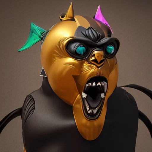 Image similar to portrait of an evil screaming cat marble statue, black and gold, venetian mask, by kim jung gi, irakli nadar, bright vivid colors, octane render, corona render