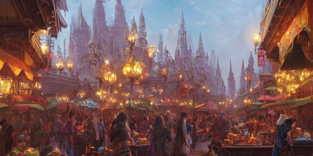 Prompt: a busy fantasy street market from within a beautiful and ornate city, by Sylvain Sarrailh, by Sebastian Luca, by Nicodemus Yang-Mattisson, cinematic, great composition, beautiful digital painting, oil painting, dungeons and dragons, lord of the rings