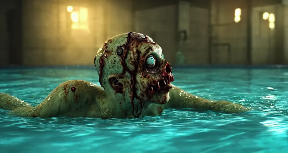 Image similar to highly detailed full body portrait of a zombie swimming underwater in a zombie - apocalypse, in a swimming pool, style of plants vs zombies, octane render