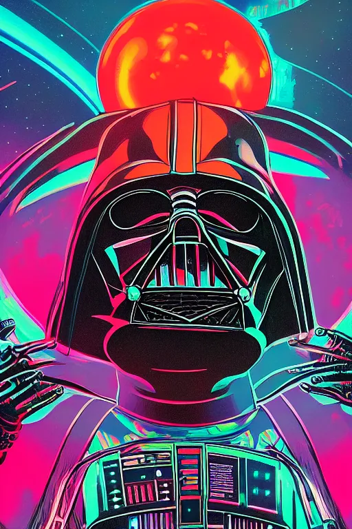 Image similar to closeup potrait of darth vader dj standing on a giant science fiction neon turntable at a astronaut rave, anti gravity, digital art, winning award masterpiece, fantastically beautiful, intricate, illustration, dan mumford, geof darrow, moebius, 8 k, octane, symmetrical